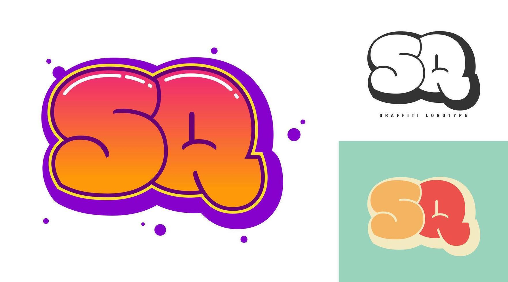 SQ logo design for festival or party. Initial letter s and q in graffiti style. Creative modern lettering company name of font typography. Kids trendy logotype or identity. vector