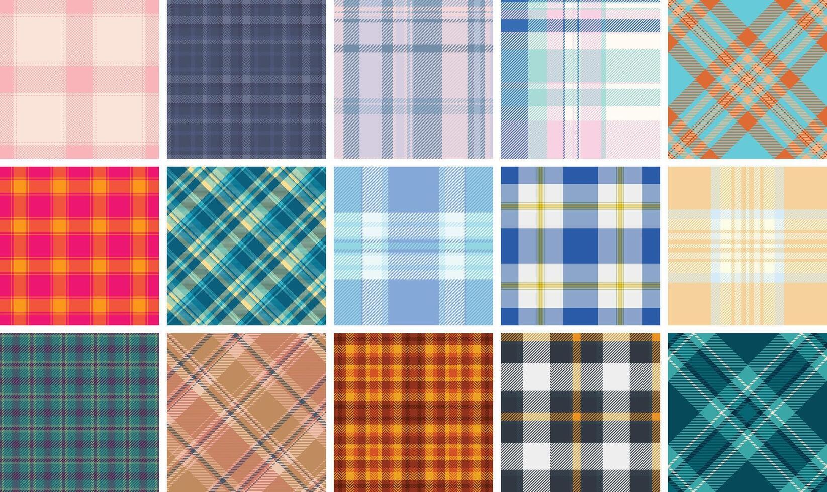 Plaid textile collection with a mix of striped and checkered designs, ideal for fabric, shirts, or classic British-themed decor. vector