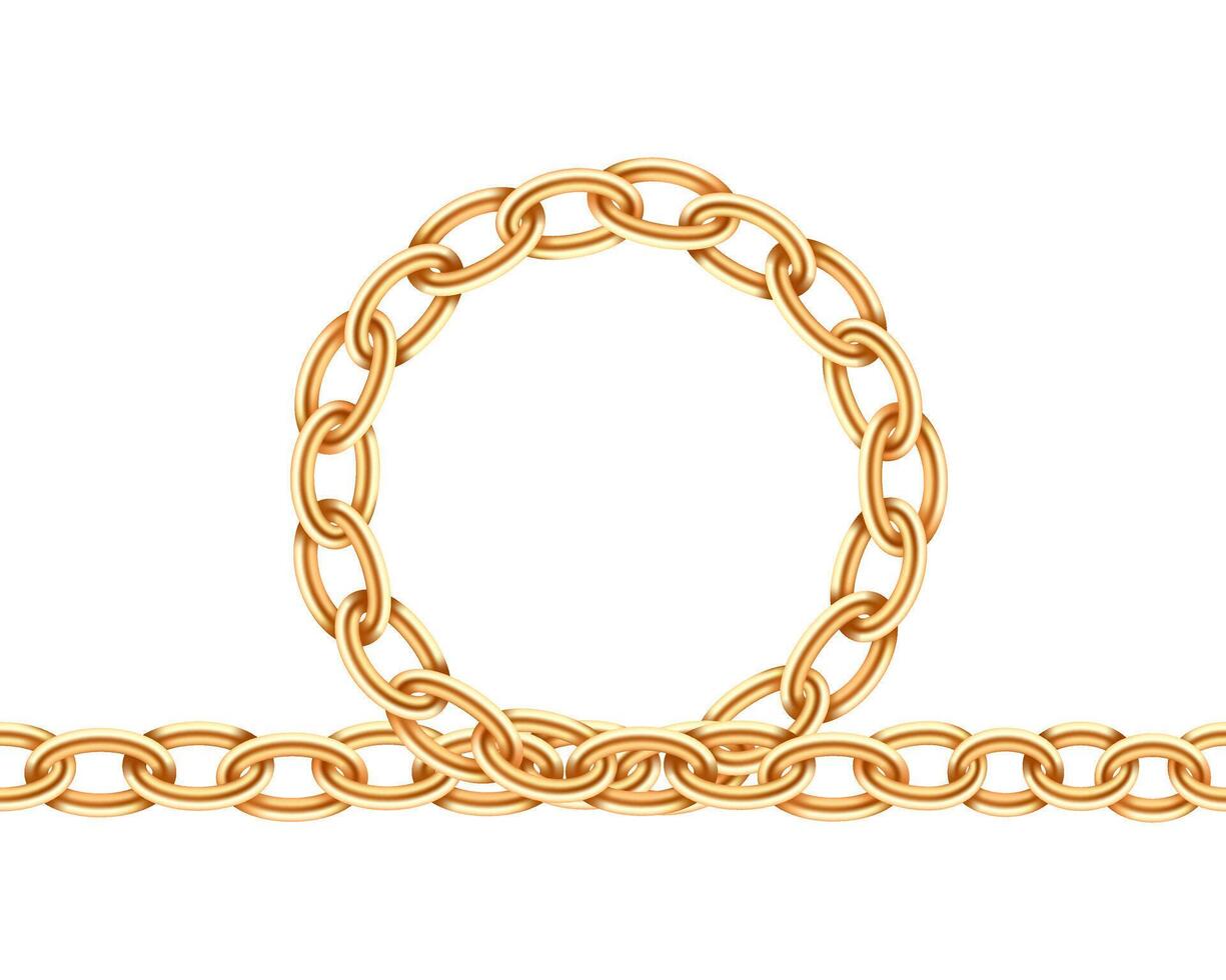 Realistic gold circle frame chain texture. Golden round chains link isolated on white background. Jewelry chainlet three dimensional design element. vector