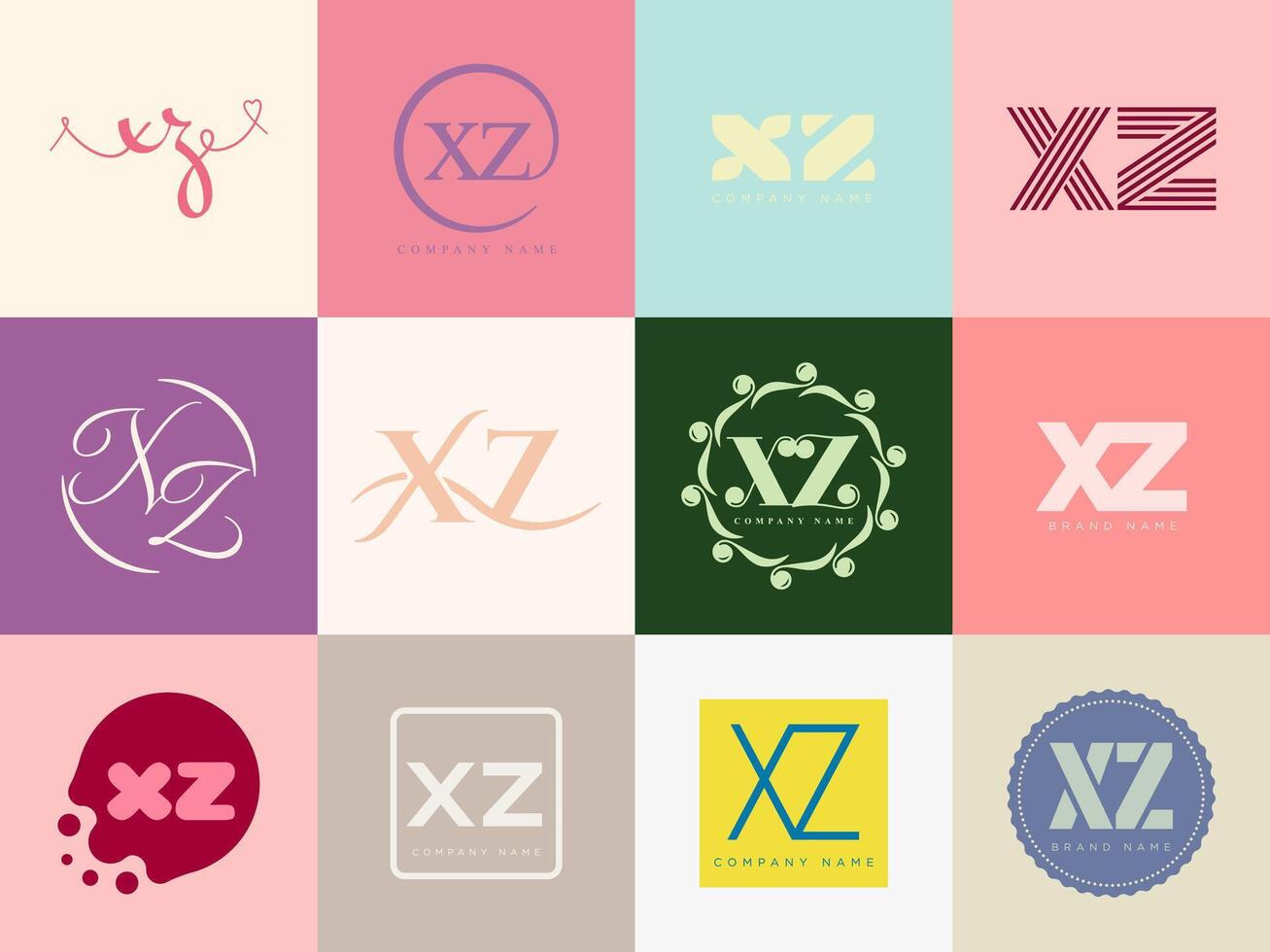 XZ logo company template. Letter x and z logotype. Set different classic serif lettering and modern bold text with design elements. Initial font typography. vector