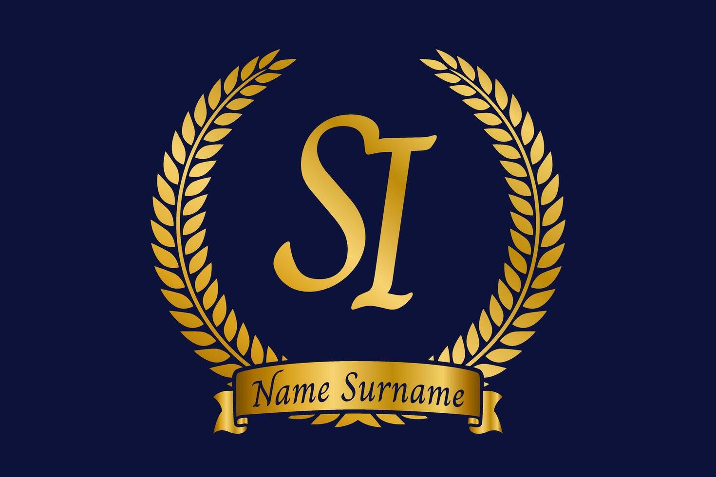 Initial letter S and I, SI monogram logo design with laurel wreath. Luxury golden calligraphy font. vector