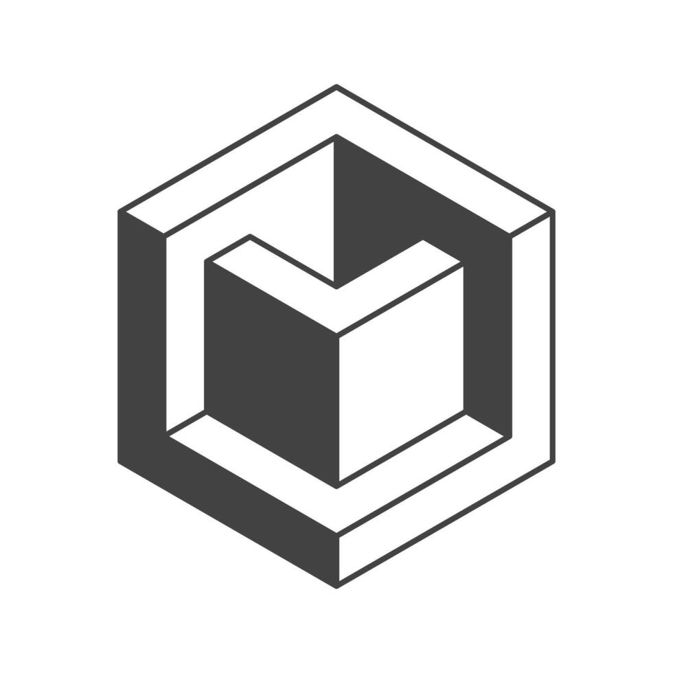 Cube logo, geometric design. Black and white Box logotype company, trendy techno emblem in isometric 3D style. vector