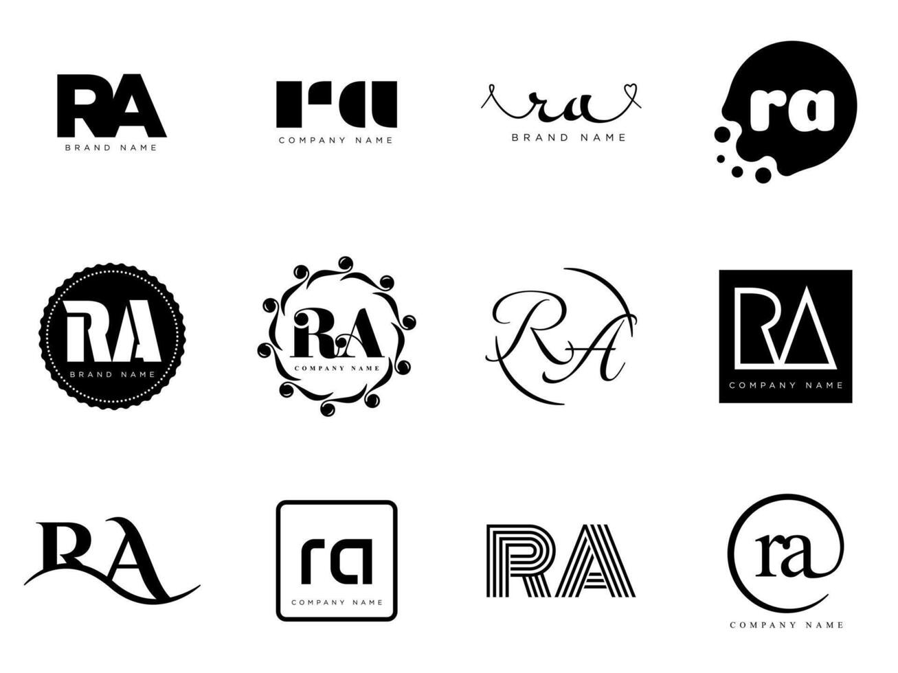 RA logo company template. Letter r and a logotype. Set different classic serif lettering and modern bold text with design elements. Initial font typography. vector