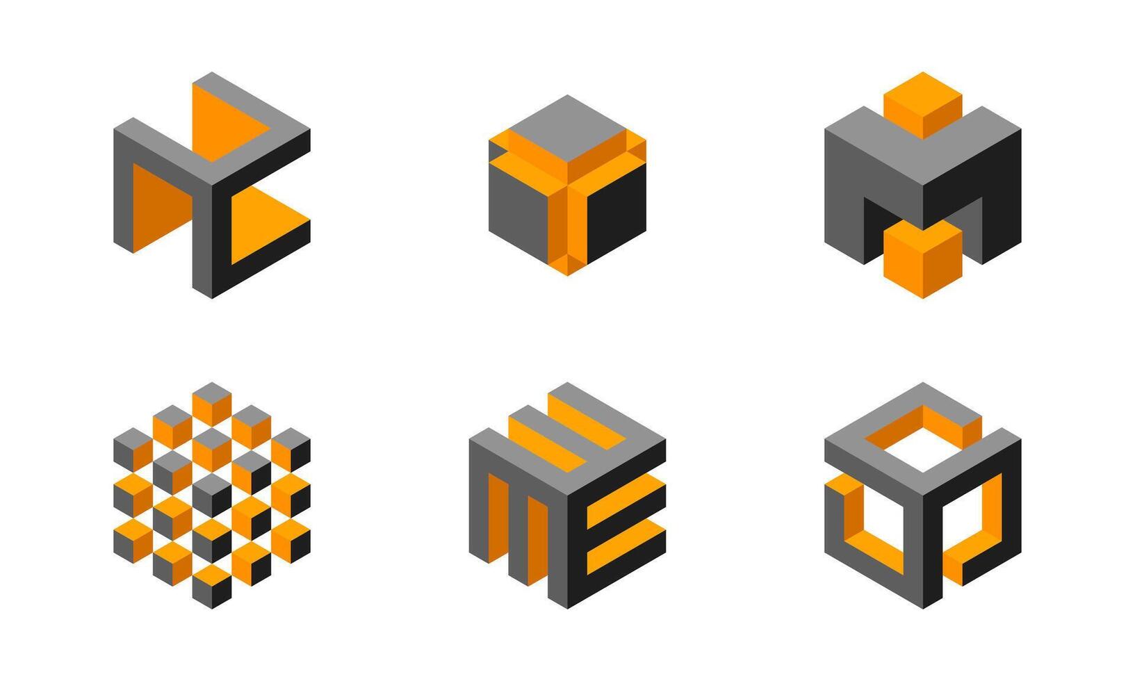 Cube logo, geometric design. Box logotype company, trendy tech emblem in pixel style. vector