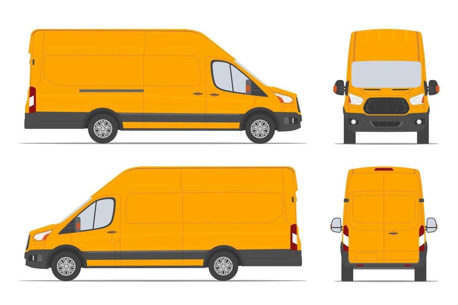 Yellow cargo van for delivery goods in differents view side, back, front. illustration. vector