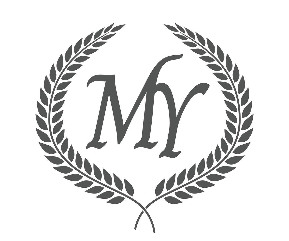 Initial letter M and Y, MY monogram logo design with laurel wreath. Luxury calligraphy font. vector
