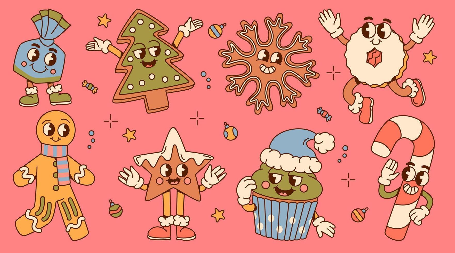 Groovy Christmas Cookies and Candy Characters Illustration vector