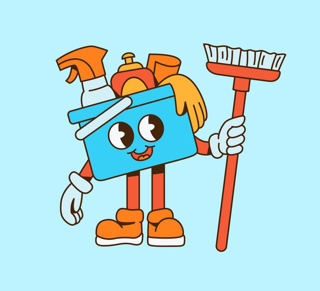 Groovy Cartoon Cleaning Supplies Character Holding Broom vector