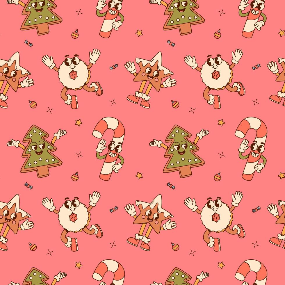 Groovy Christmas Cookie Characters Seamless Pattern vector