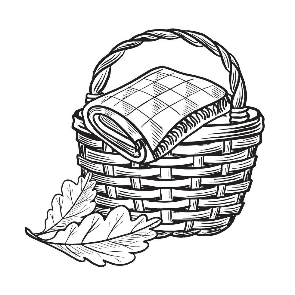 Wicker basket with blanket and oak leaves. Cozy autumn picnik composition sketch. line illustration, hand drawn isolated. Black and white doodle fall arrangement. Clipart for card, sticker, add vector