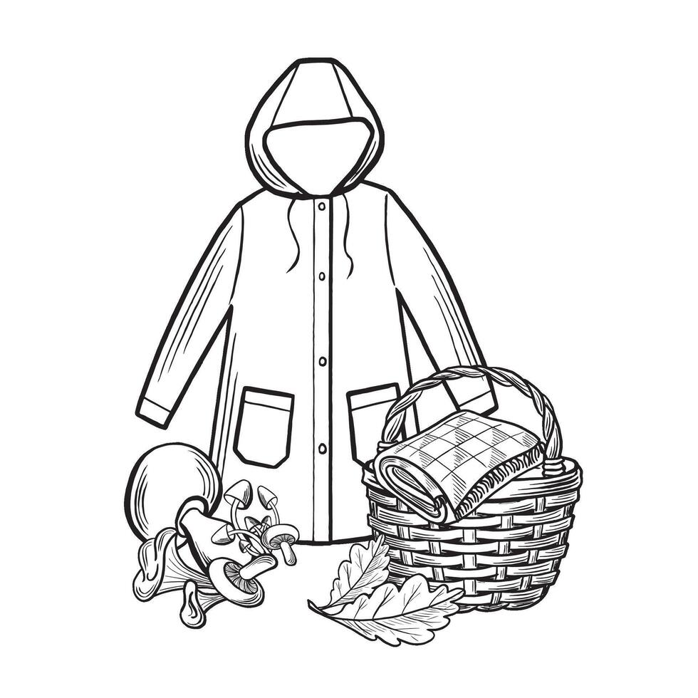 Raincoat with basket, plaid and mushrooms with oak leaves. Cozy autumn forest harvest composition. illustration hand drawn isolated. Black and white fall arrangement. Clipart for card, sticker. vector