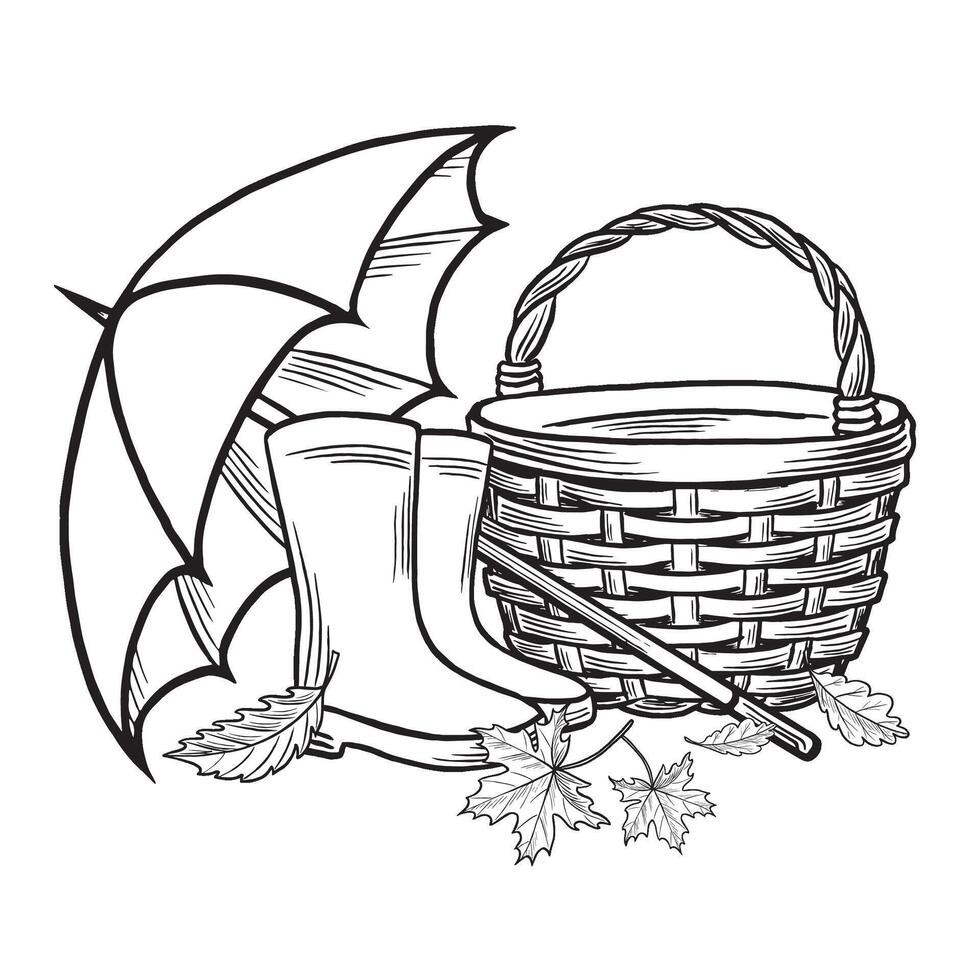Wicker basket with rubber boots, umbrella and leaves. Cozy autumn composition sketch. line illustration, hand drawn isolated. Black and white doodle fall arrangement. Clipart for card, sticker vector