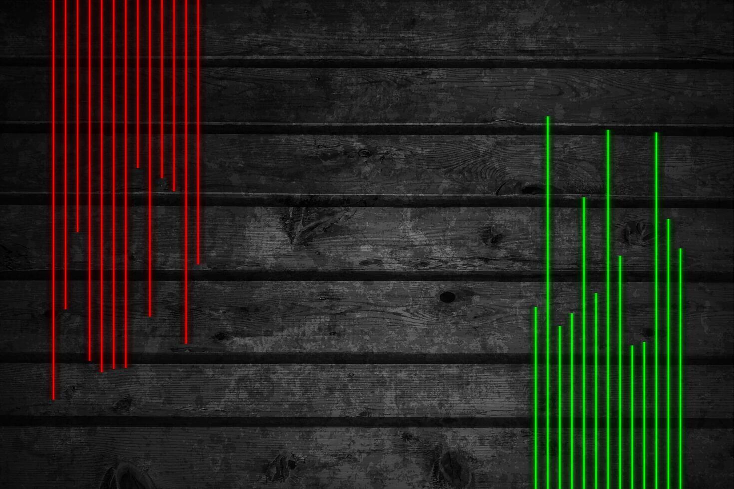 Grunge wooden background with red green neon laser lines vector