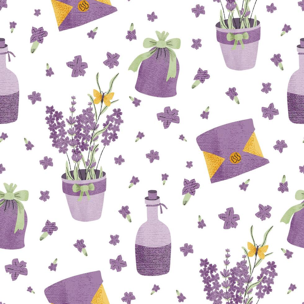 Provence lavender bouquet and rustic bottles pattern vector