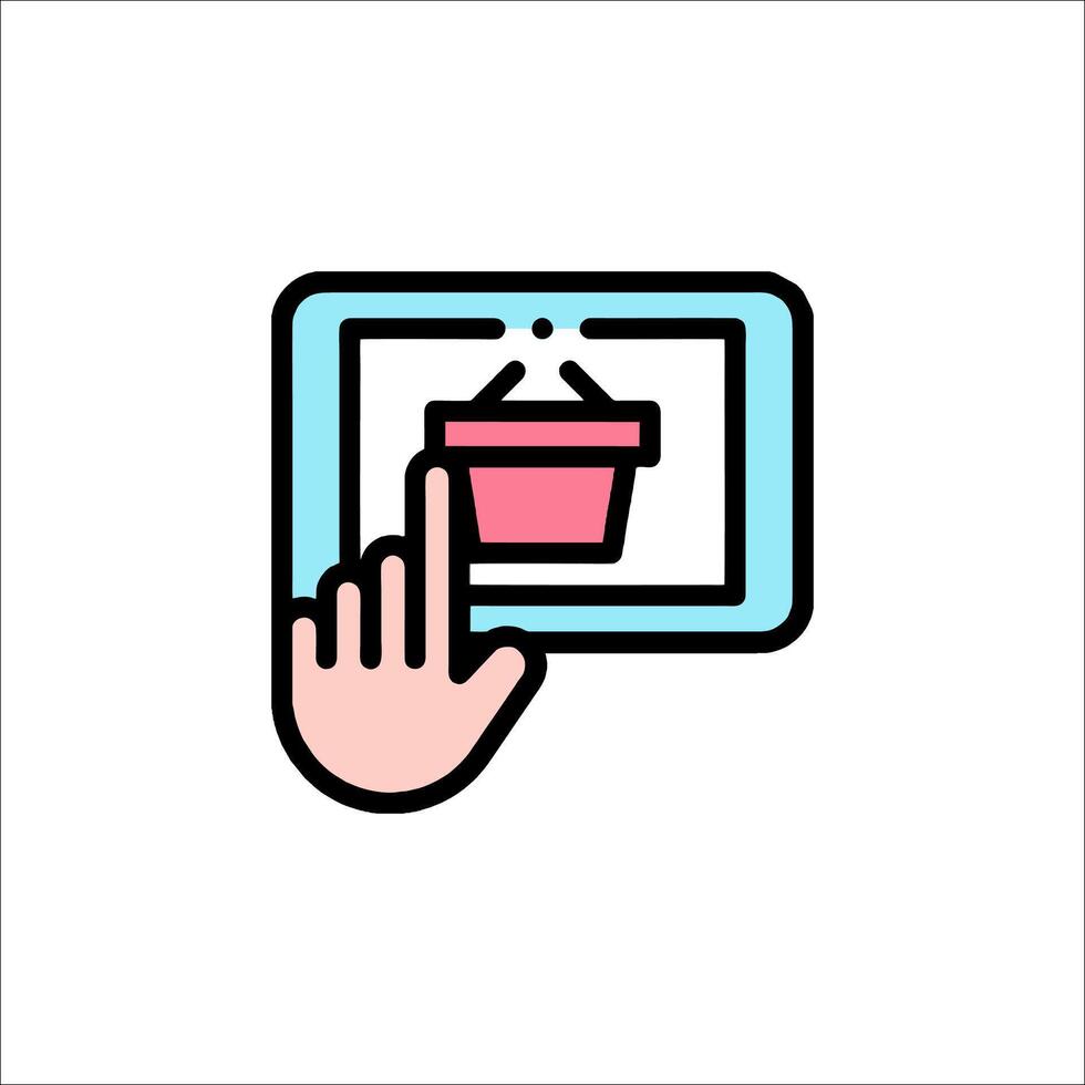A hand touching a tablet with a shopping basket icon vector