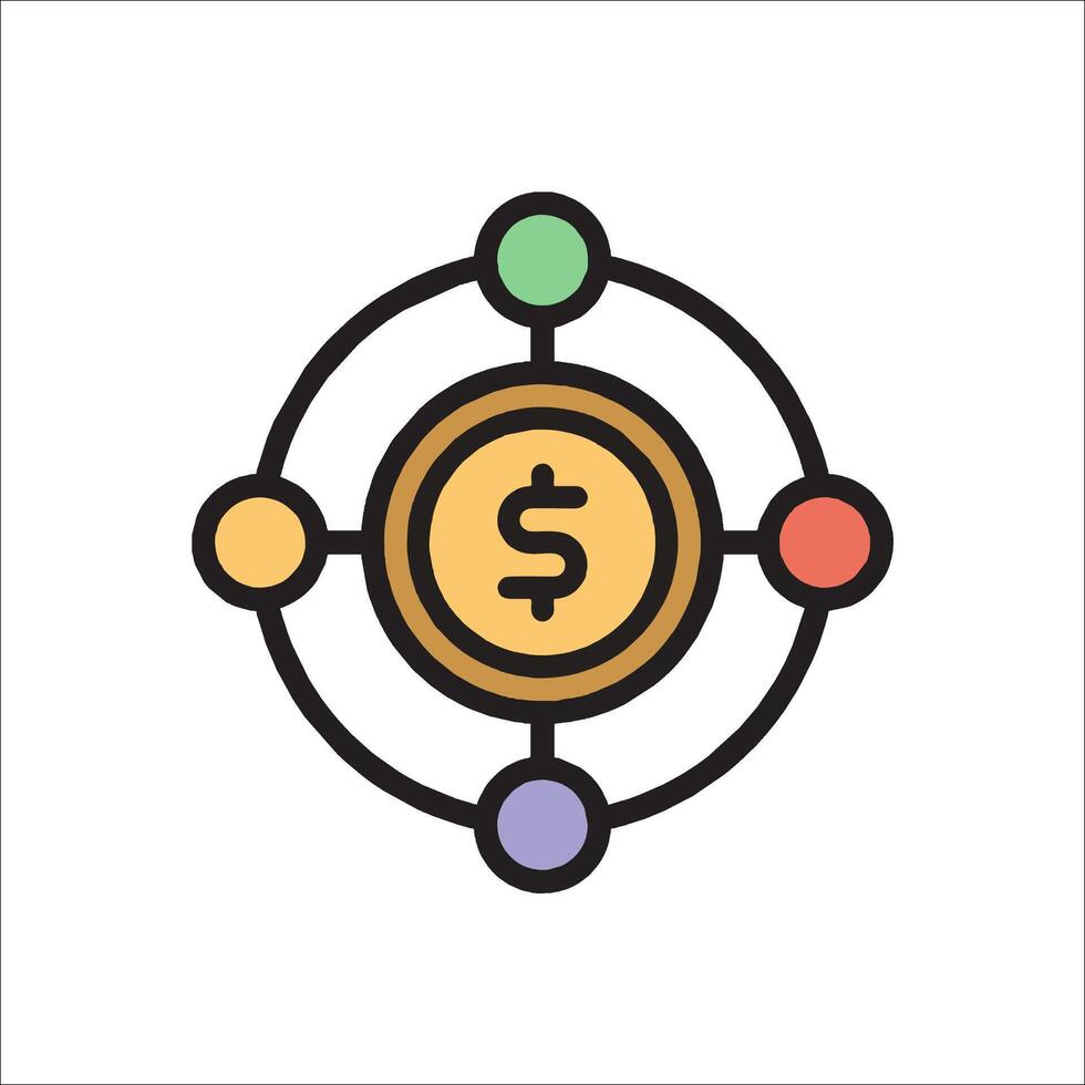 A dollar coin surrounded by four different colored circles vector