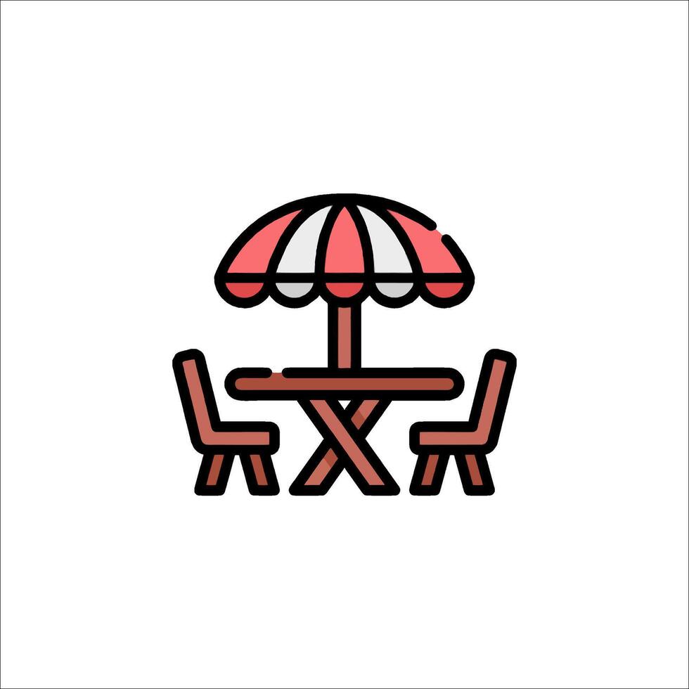 A restaurant table and chairs under an umbrella vector