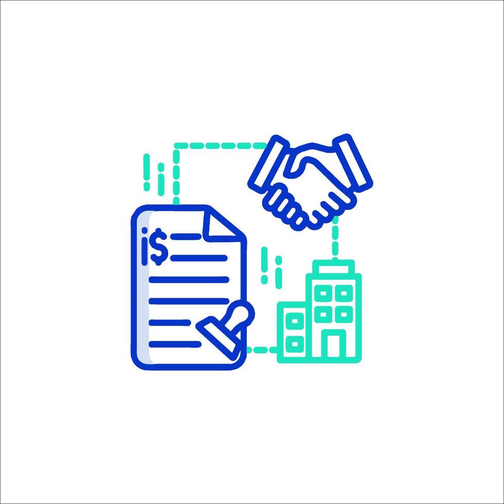 A handshake icon with a document and a building vector