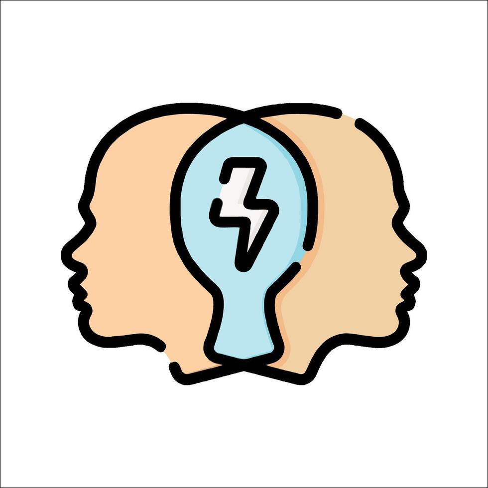 Two heads with a light bulb and a lightning bolt vector