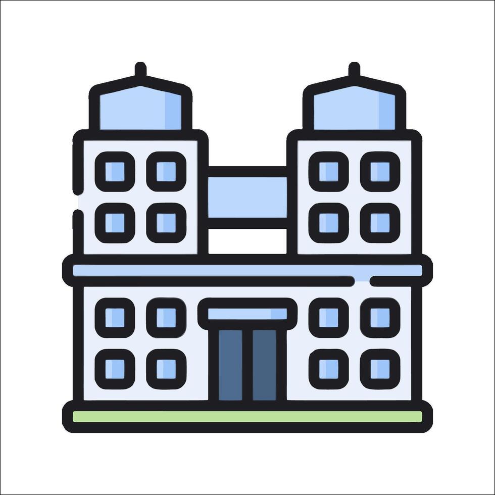 A building icon with a clock on top vector