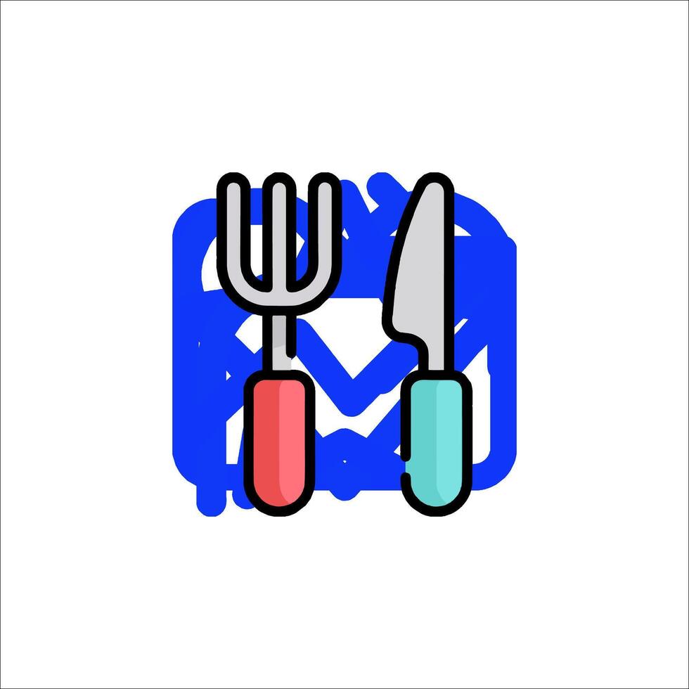A fork and knife are shown in a blue and red color vector