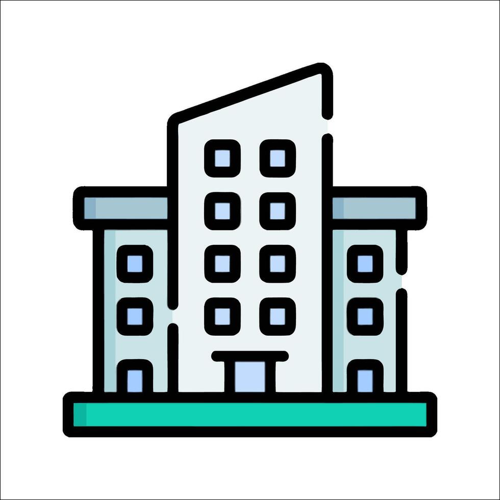 A building icon with a green and blue color vector