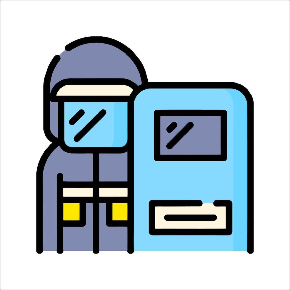 A man in a helmet and protective gear standing next to a machine vector
