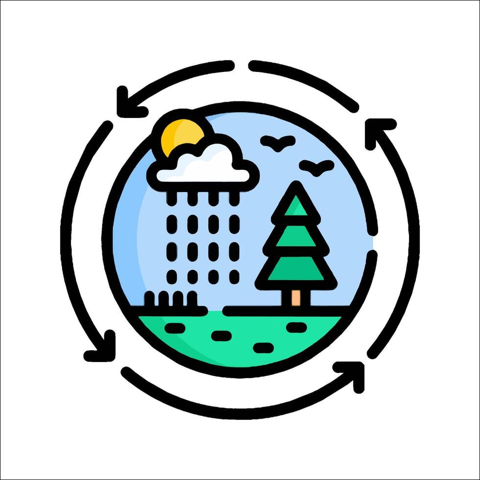 A circular icon with trees and clouds vector