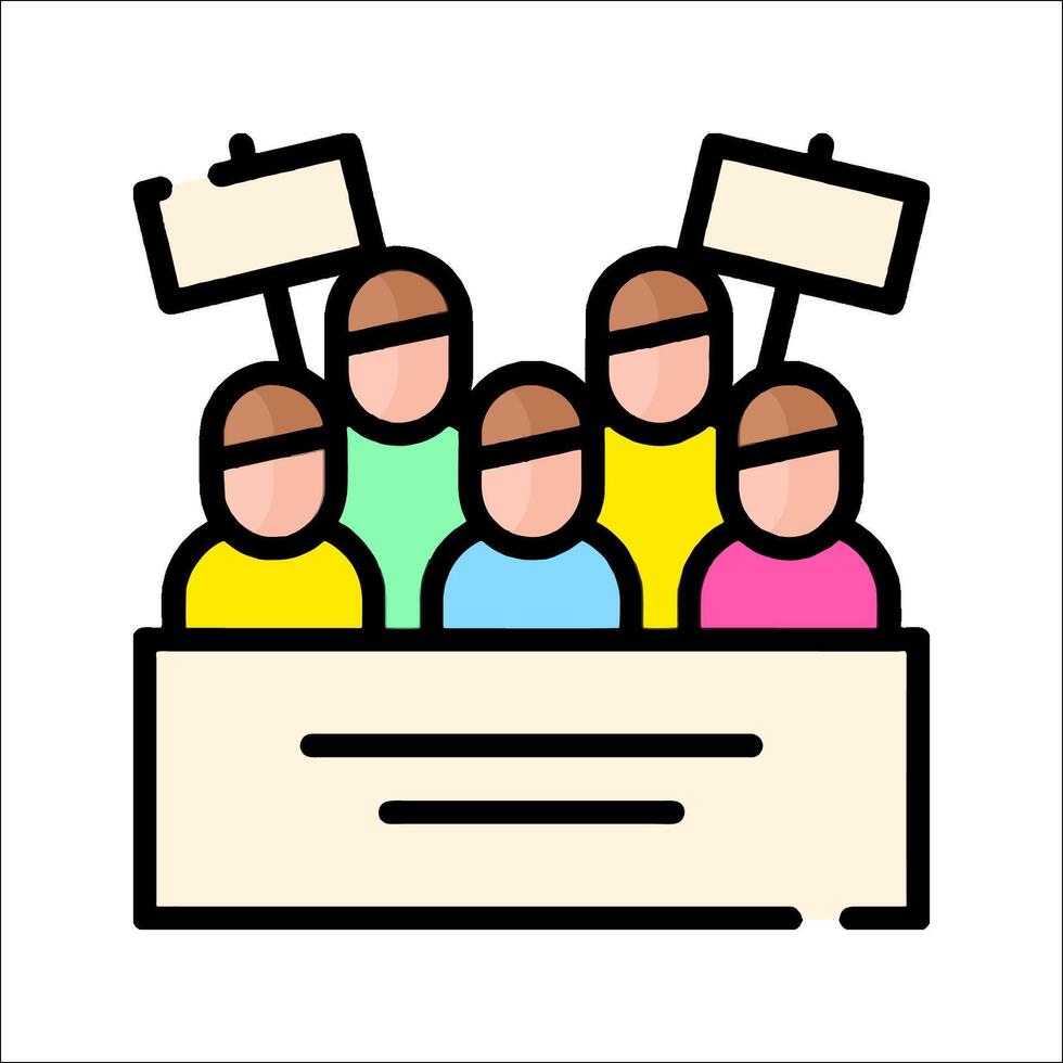 People holding signs in front of a table with a sign on it vector