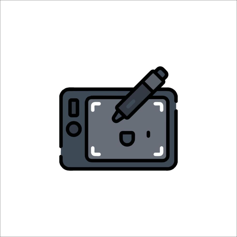 A tablet with a pen on it, and a camera icon vector