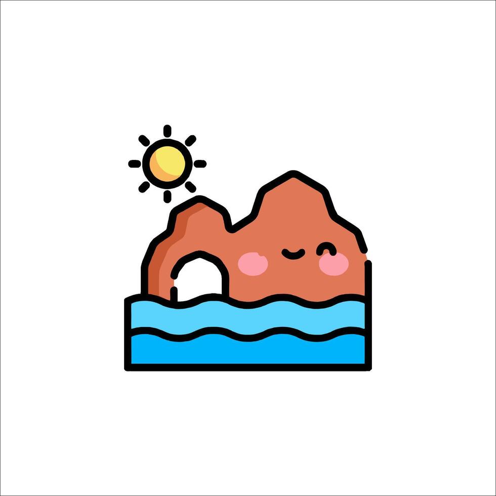 A cartoon rock with a sun and water in the background vector
