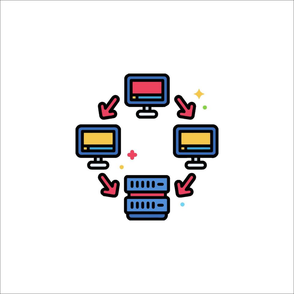 un computadora con un servidor en el medio y un computadora en el izquierda vector