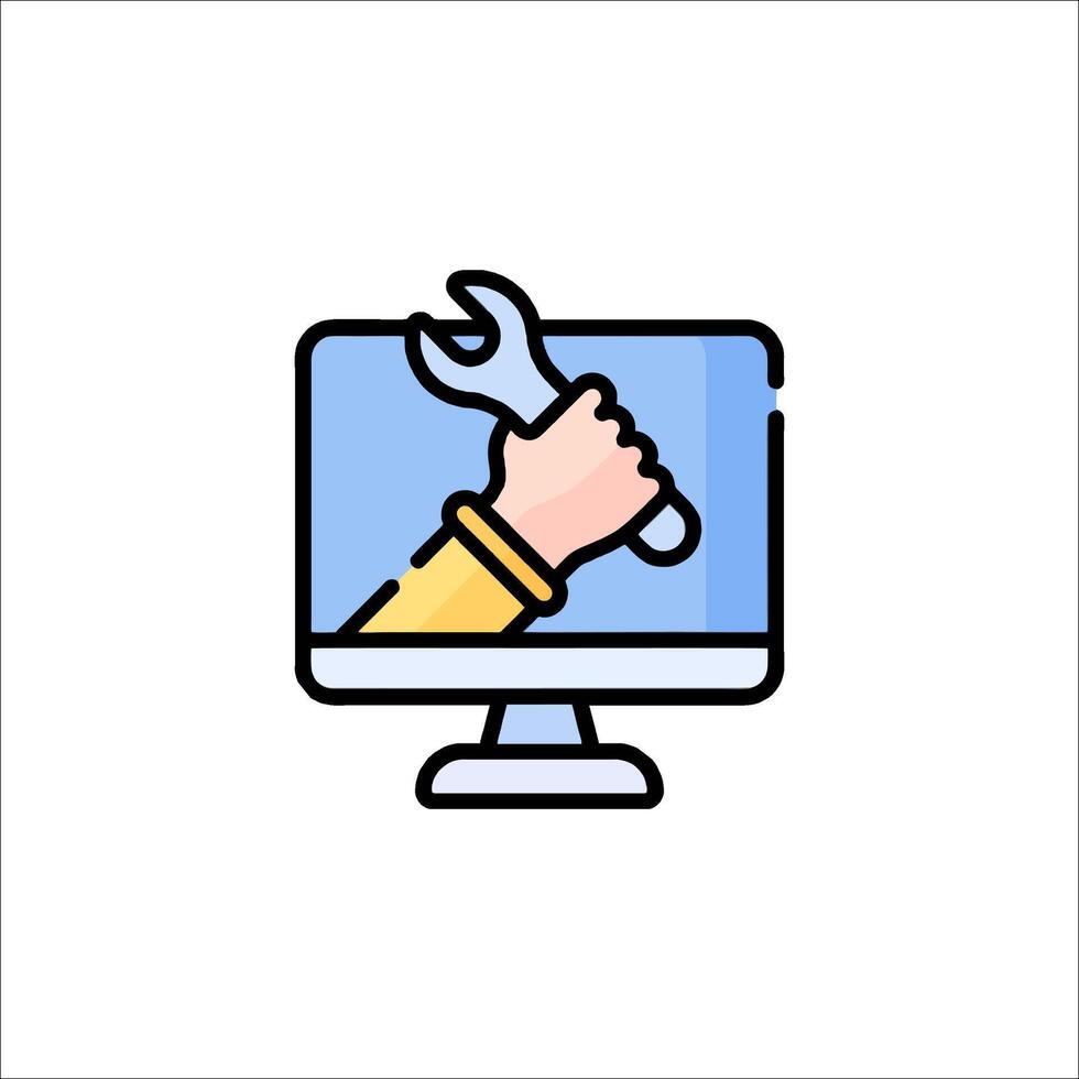 A hand holding a wrench on a computer monitor vector