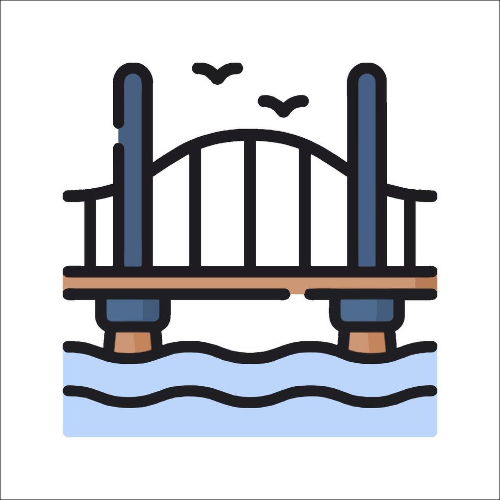 A bridge over the water with birds flying over it vector