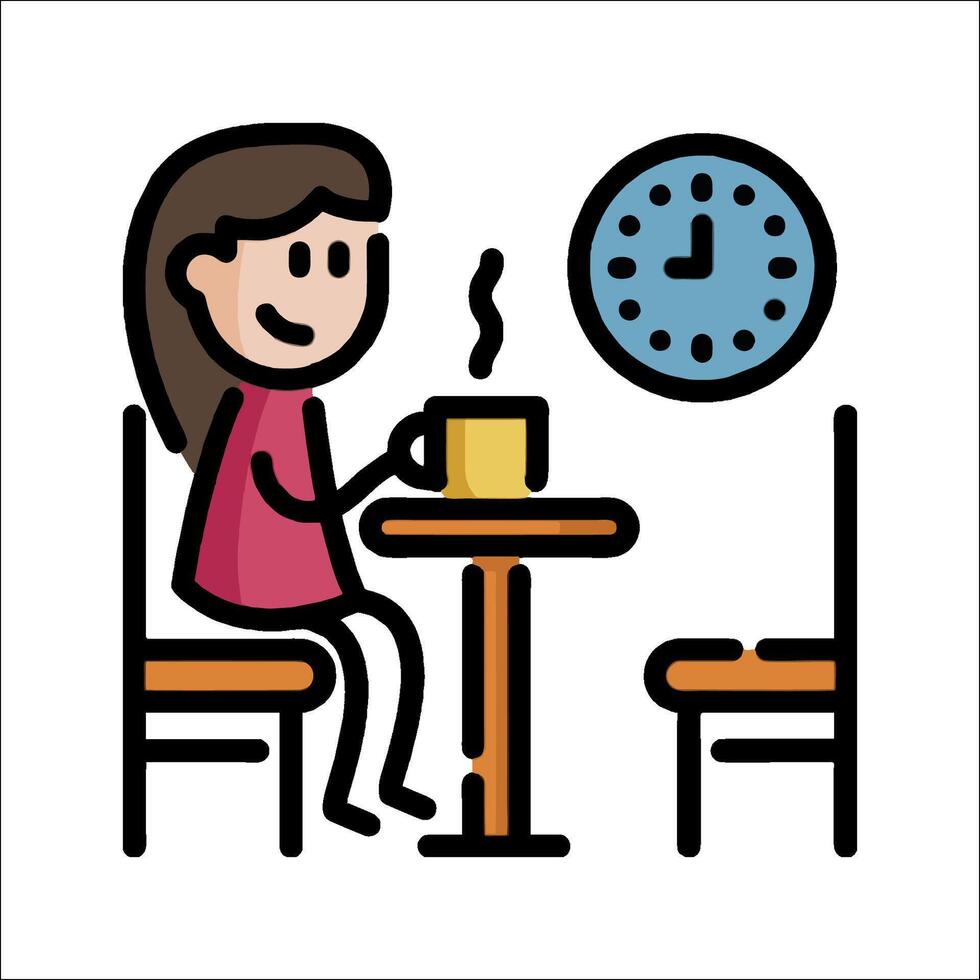 A woman sitting at a table with a cup of coffee and a clock vector