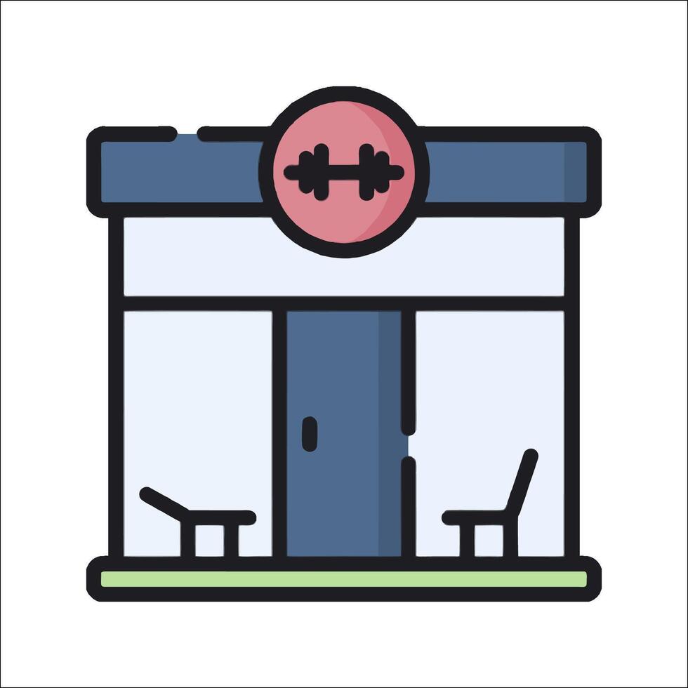 A gym store front with a bench and a sign vector