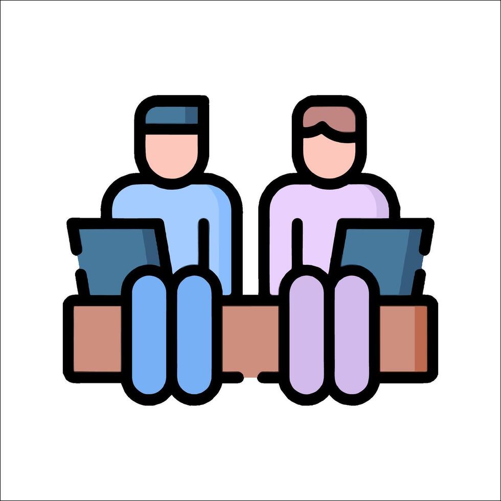 Two people sitting on a bench with laptops vector