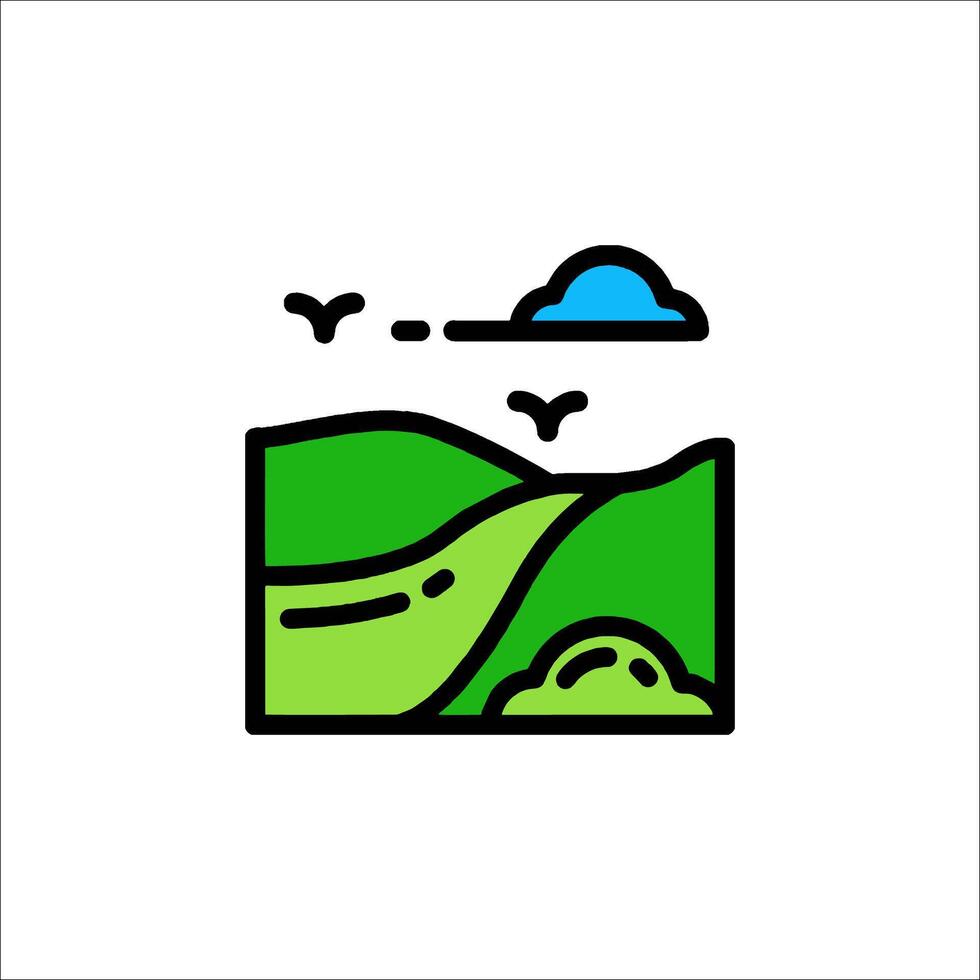 A green and blue landscape with a bird flying over it vector