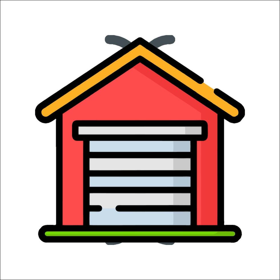 A red house with a garage door on it vector