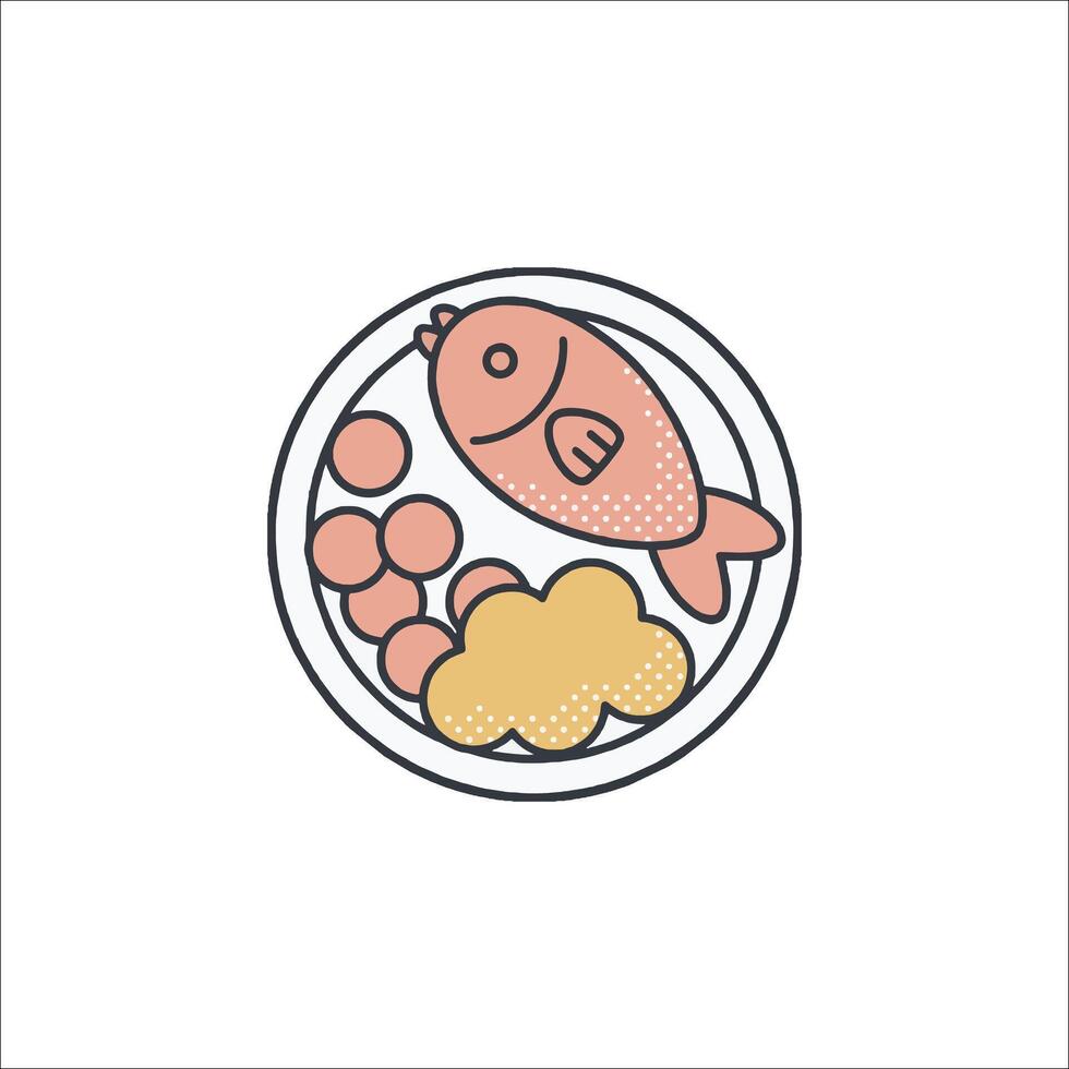 A plate with fish and vegetables on it vector