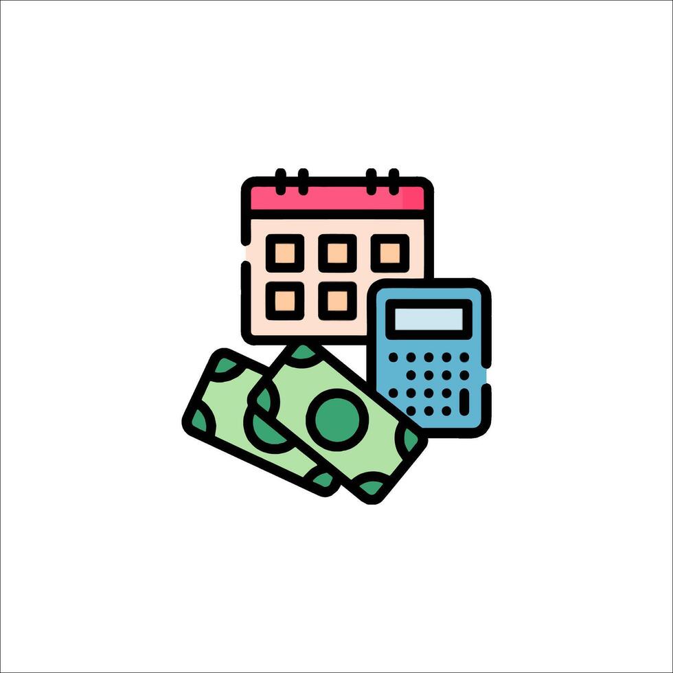 A calendar and money are shown in a line icon vector