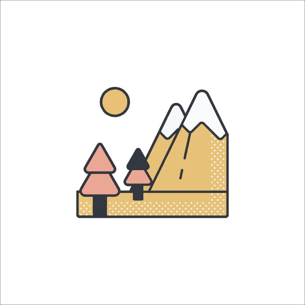 A mountain landscape with trees and a sun vector