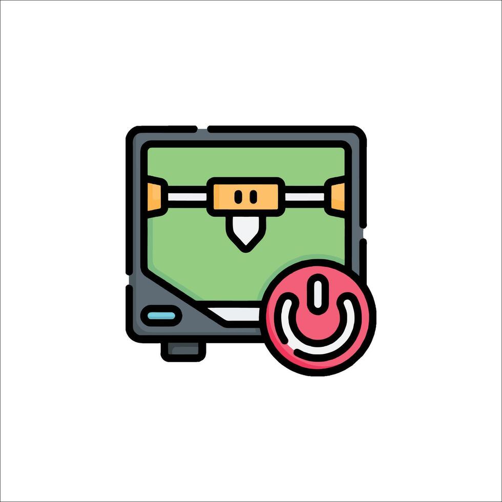 A computer with a power button and a green arrow vector