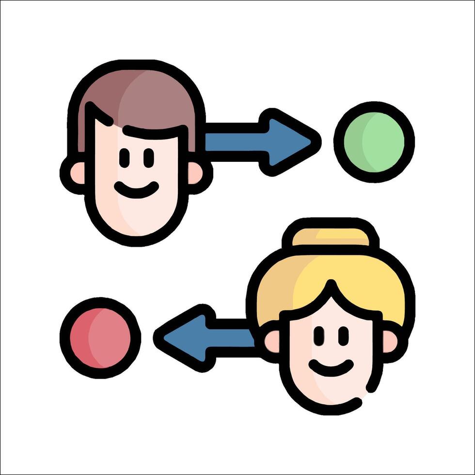 Two people are connected by arrows and a circle vector