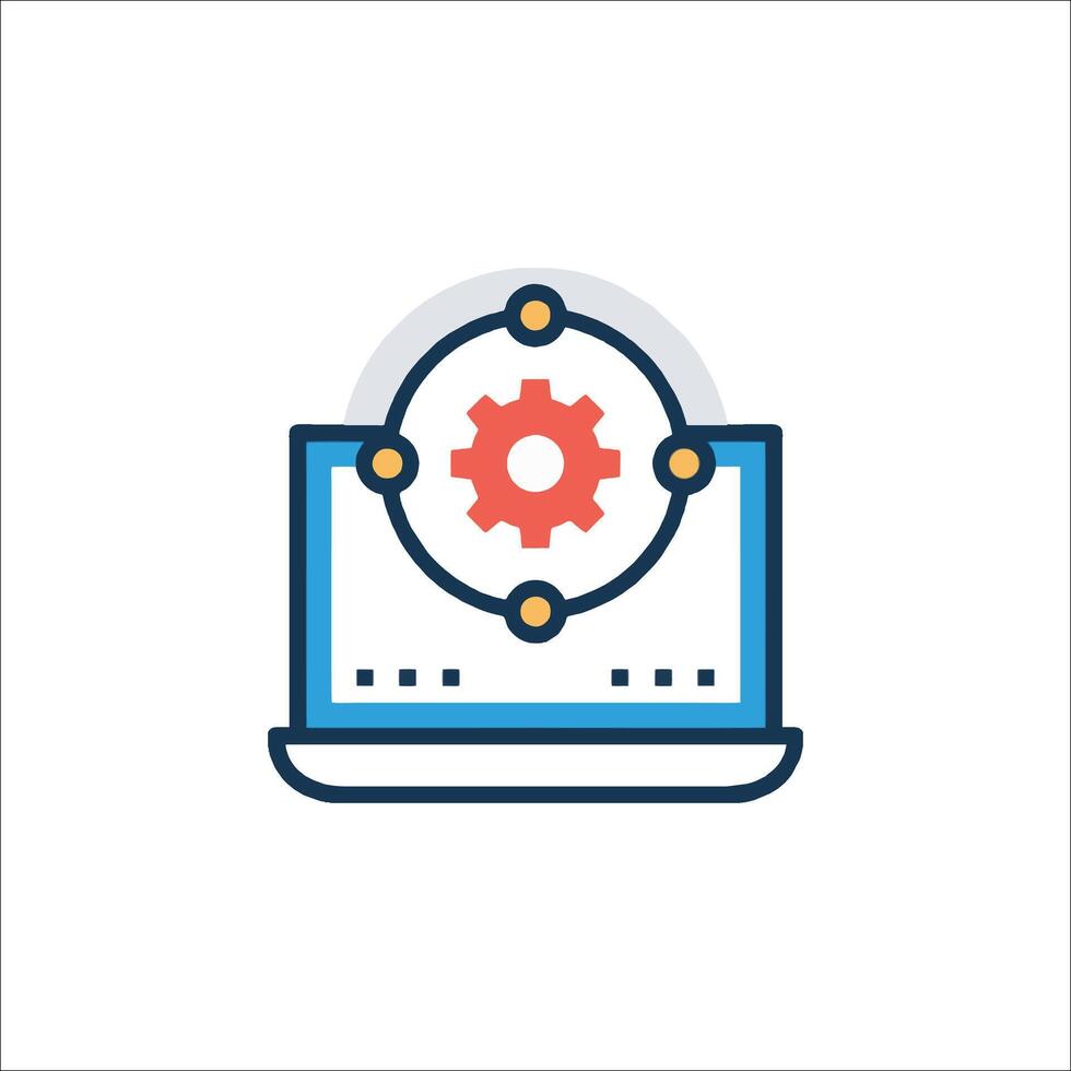 A laptop with gears on it and a clock icon vector