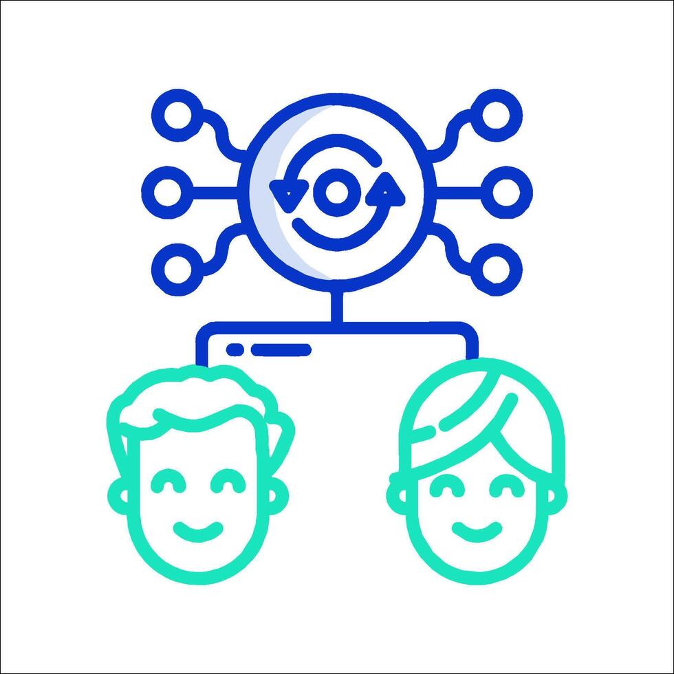 Two people are standing in front of a computer with a cloud icon vector