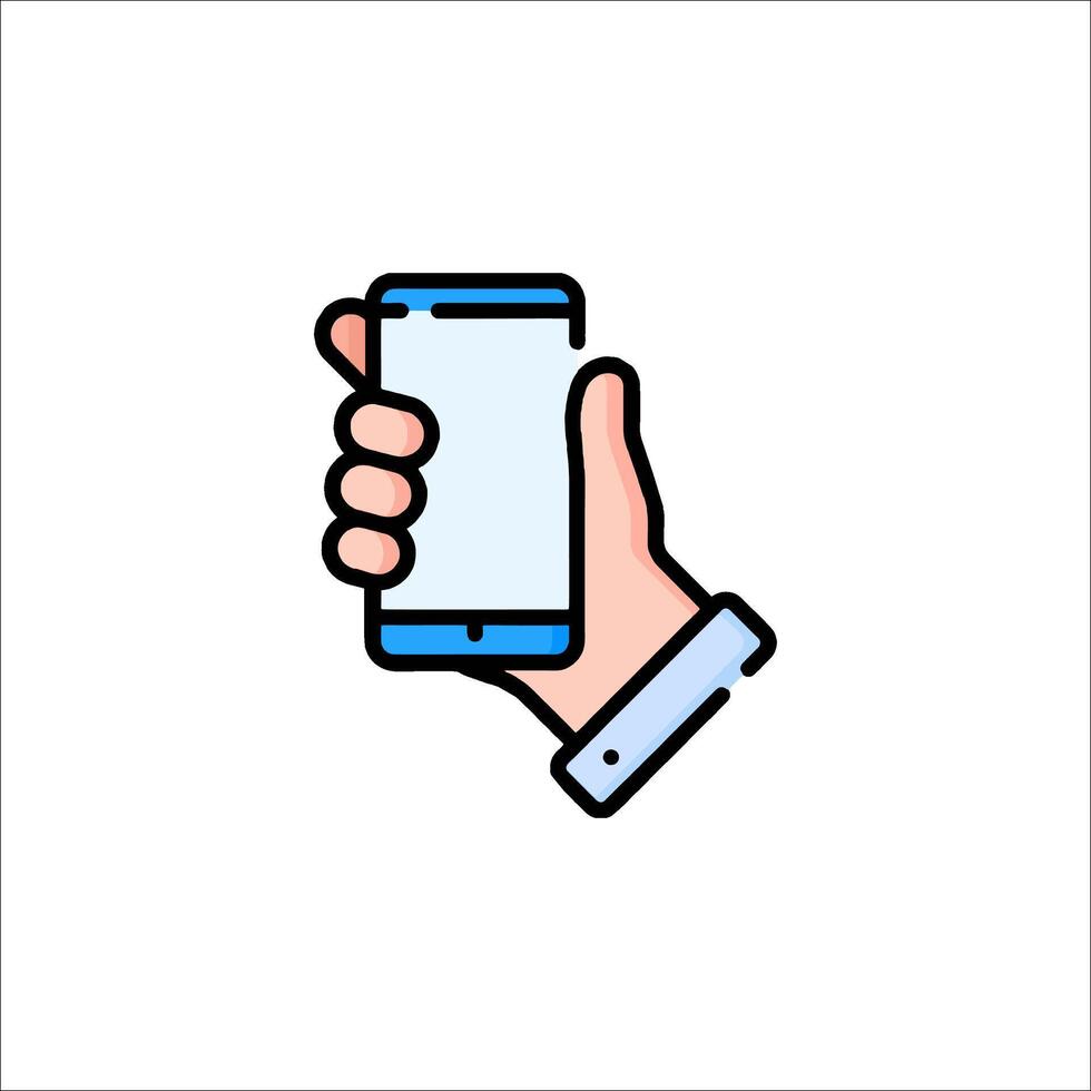 Hand holding a smartphone icon on white background vector