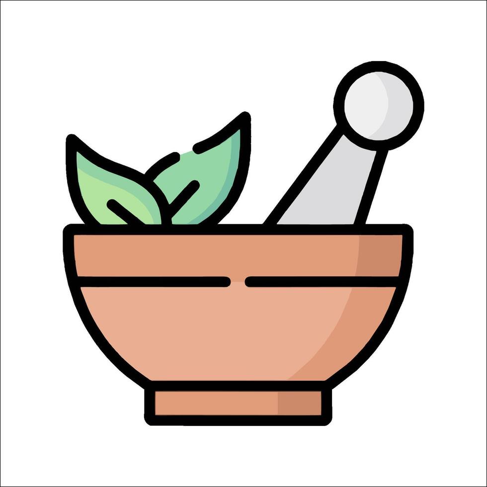 A mortar and pestle icon with a leaf vector