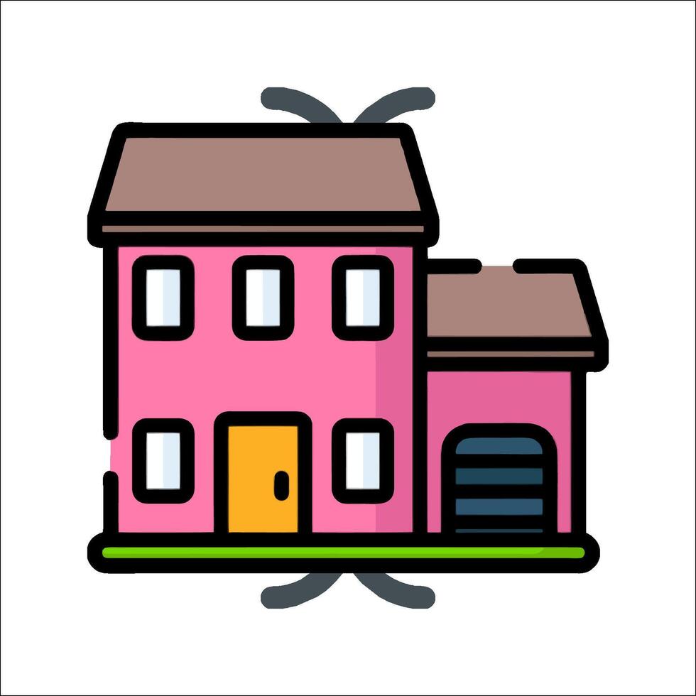 A pink house with a garage and a yellow garage door vector