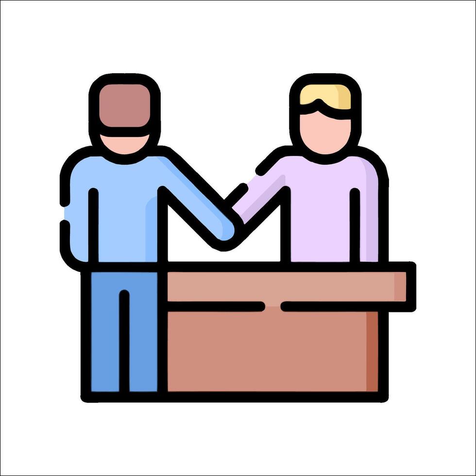 Two people shaking hands over a desk vector